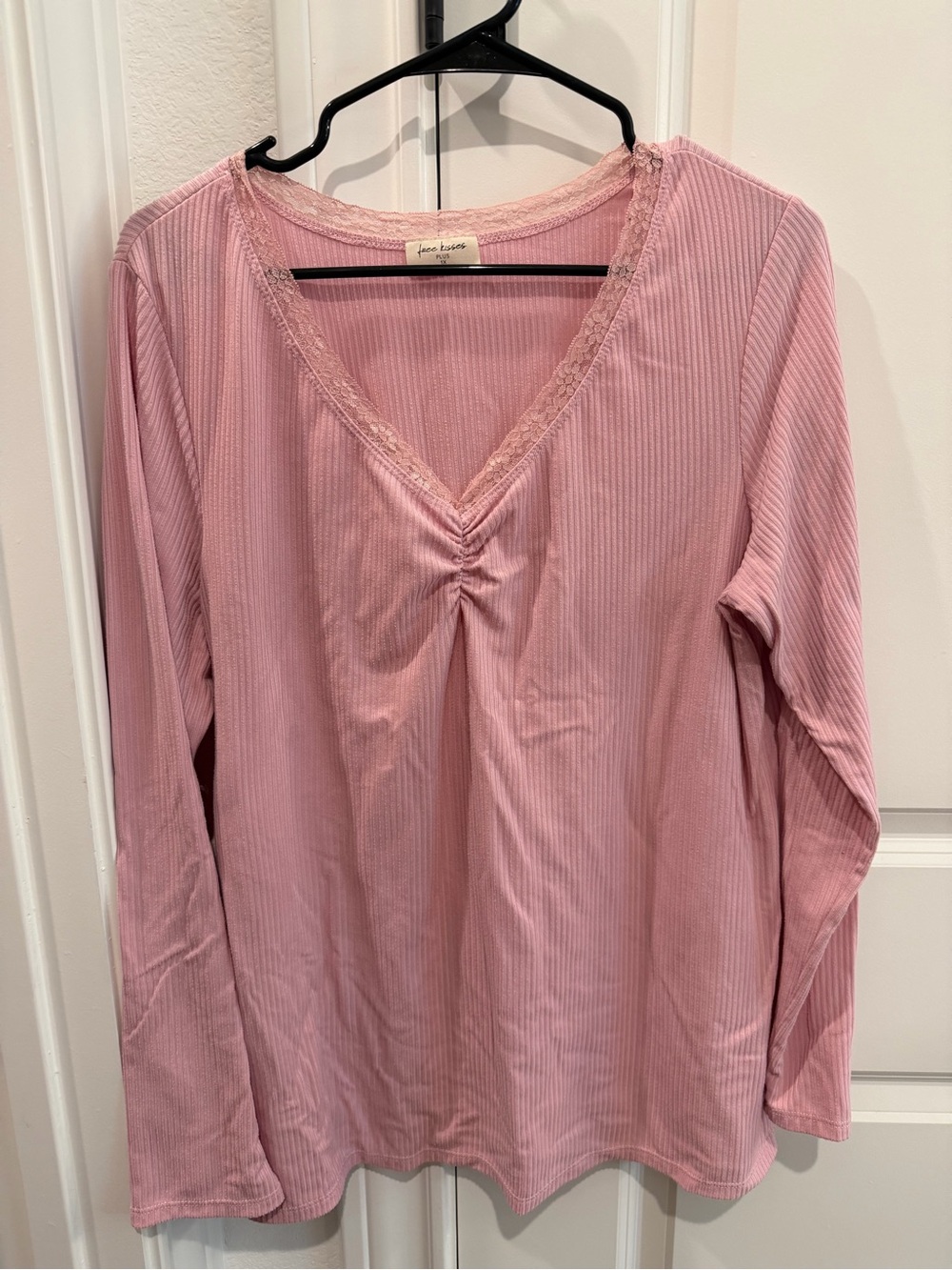 Free Kisses Ribbed V-Neck Long Sleeve Top in Soft Pink
